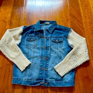 Oversized Denim Jacket with Chunky Knit Sleeves Sz Small
